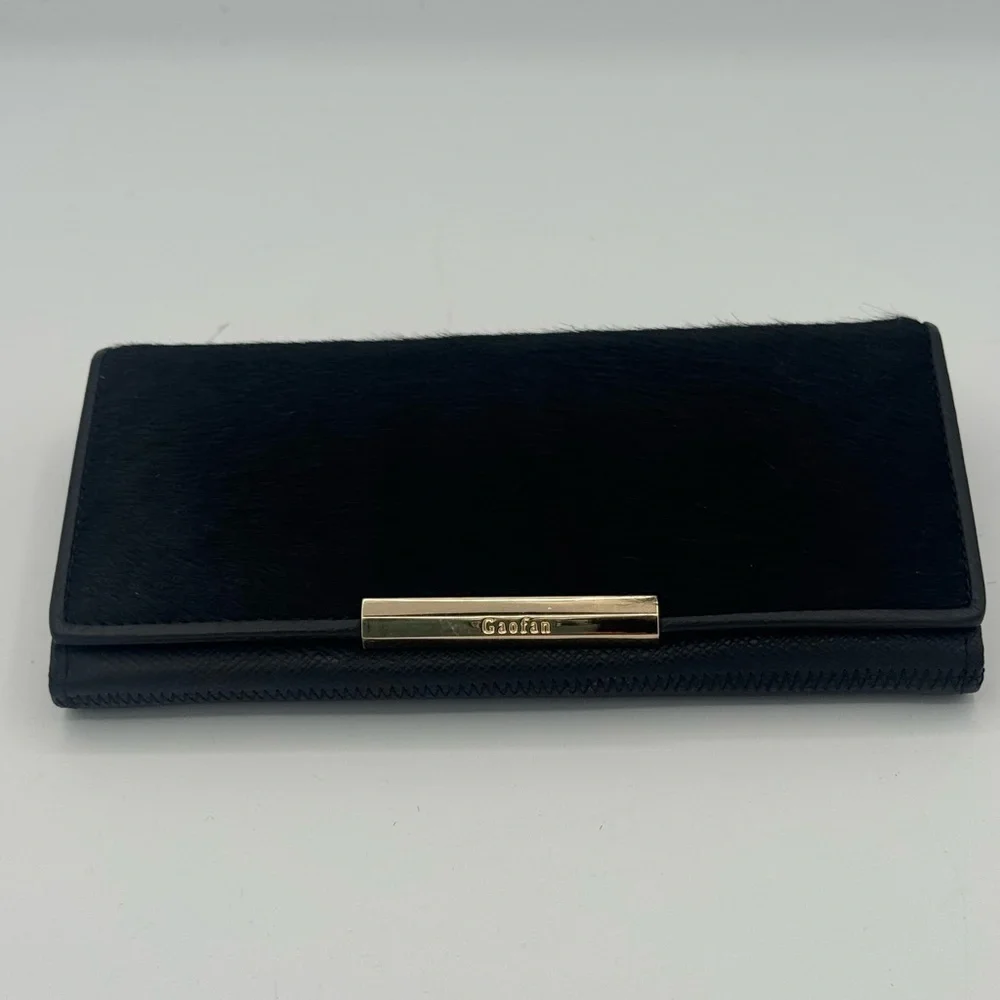 Gaofan Leather and Calf Hair Wallet Clutch Gold Accents Multiple Pockets Slots - Picture 1 of 7